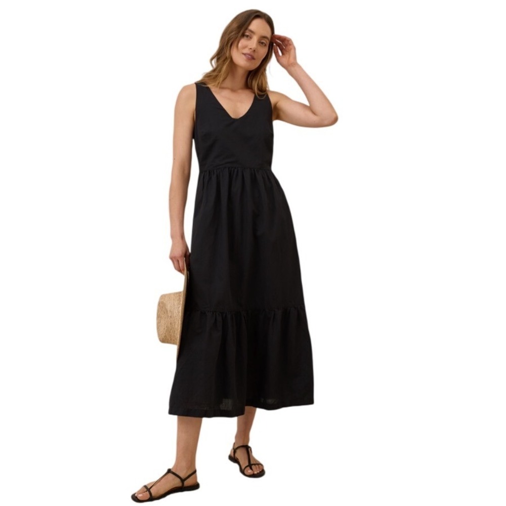 Pact Black Organic Cotton Linen Midi Dress Tiered Smocked Back Size Small